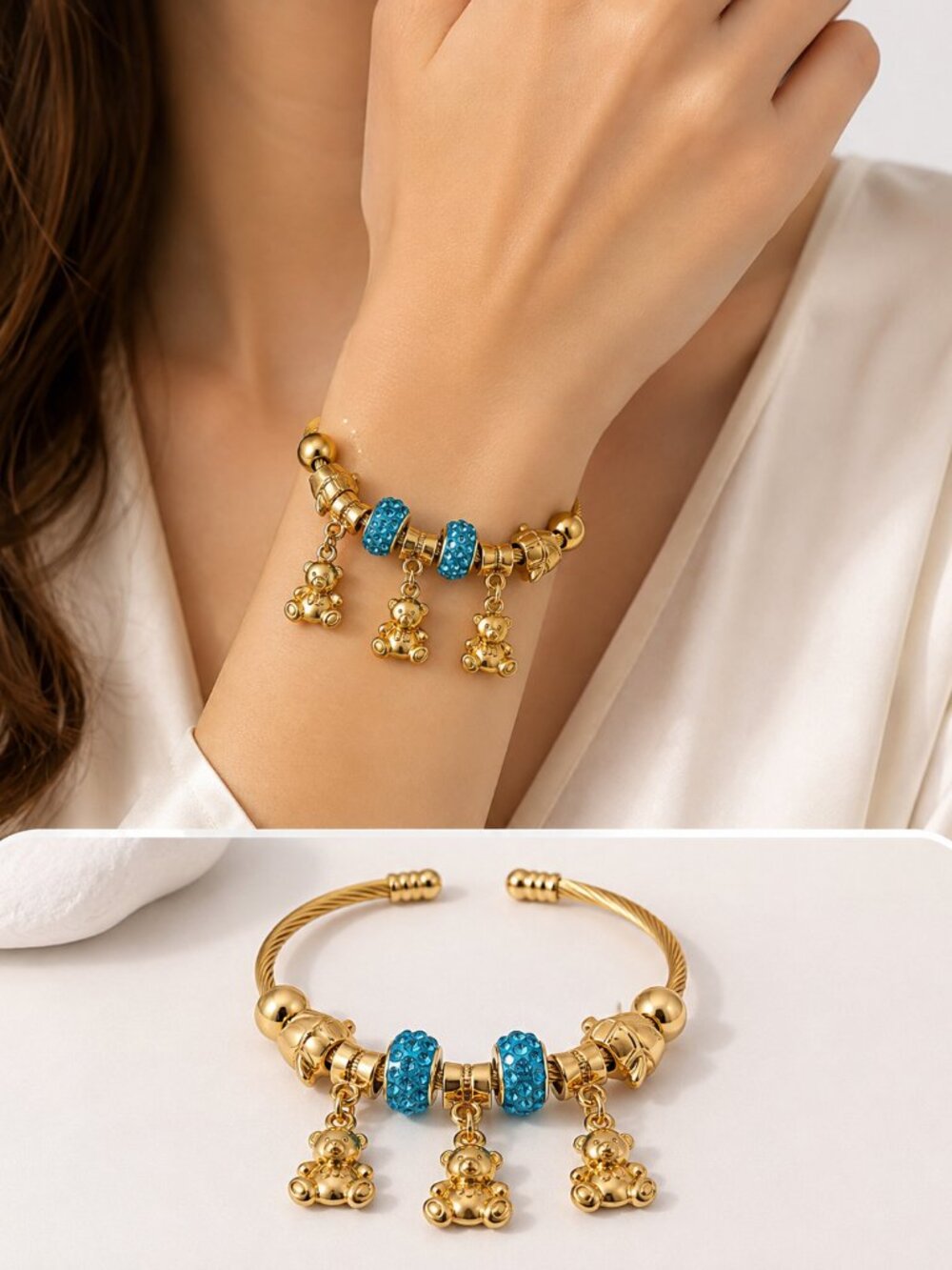 Gold Tone Teddy Bear Blue Rhinestone Adjustable Cuff Bracelet